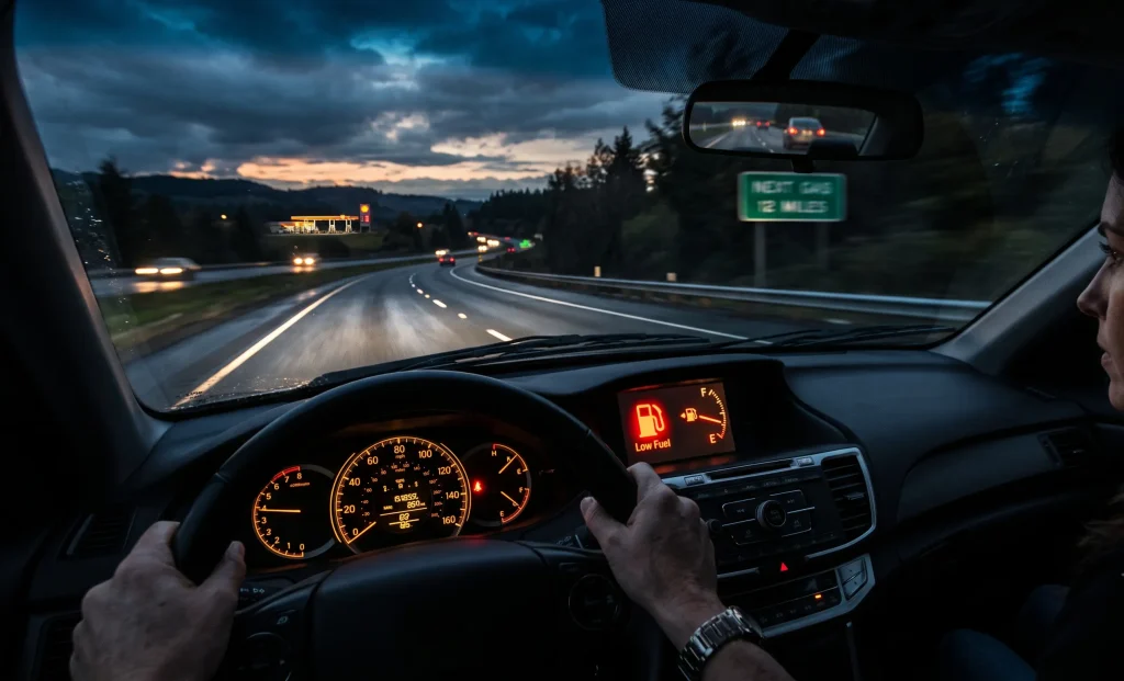 low fuel warning light on a car