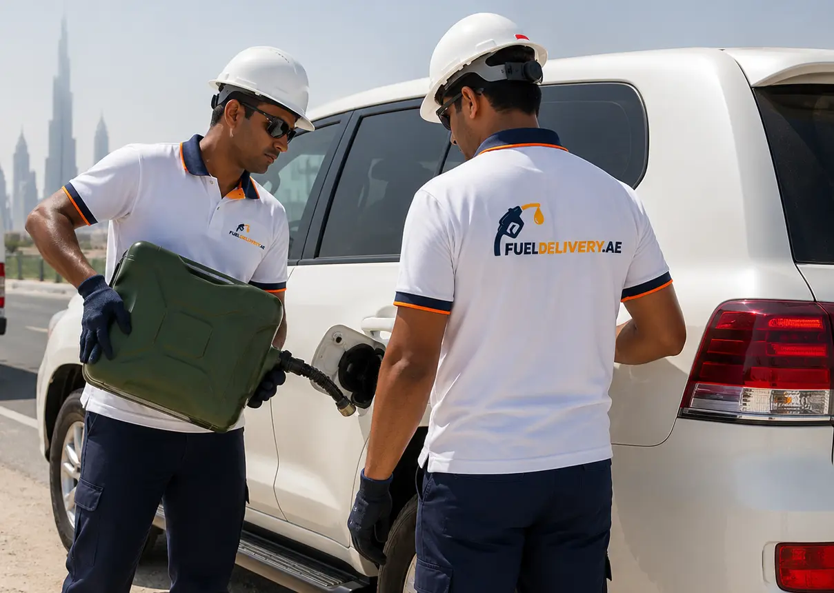 FuelDelivery.ae technicians providing emergency roadside fuel delivery to a stranded SUV in Dubai using safe mobile refueling equipment.
