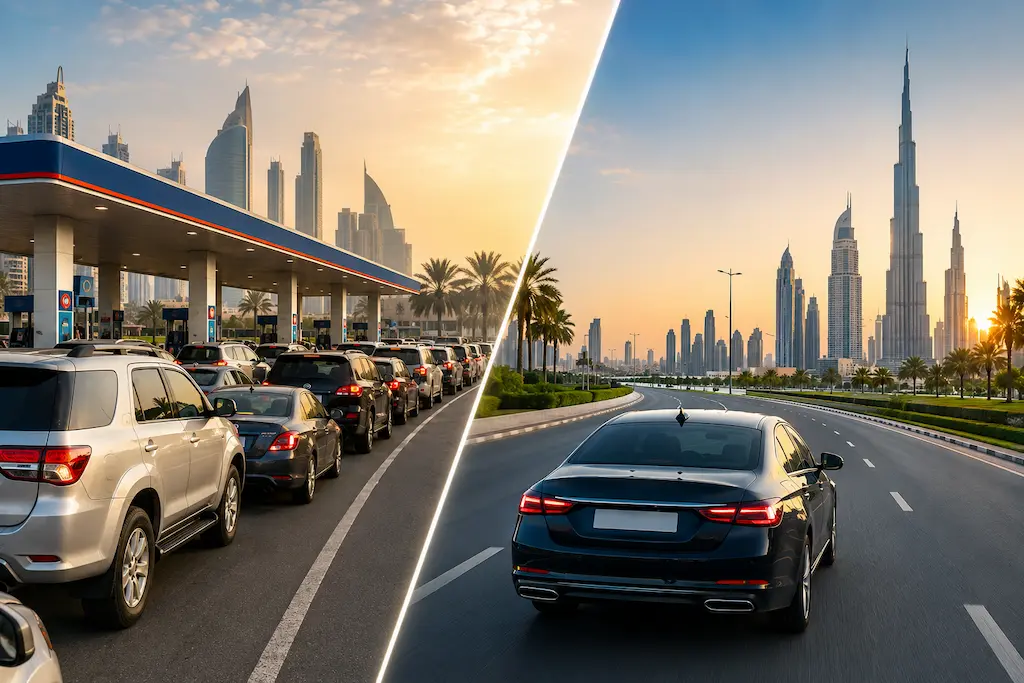 Dubai petrol station queue compared with a clear road during rush hour