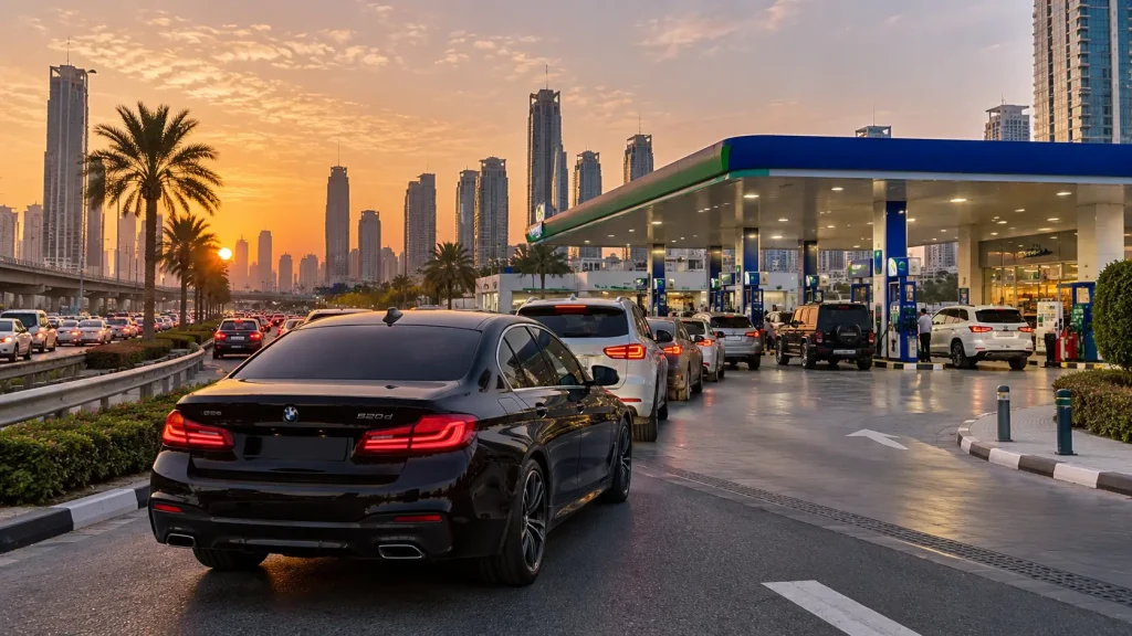 Black BMW waiting in traffic at a busy petrol station in Dubai during evening rush hour