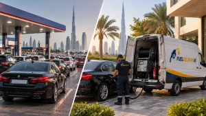 Dubai fuel delivery van refueling a BMW near a busy petrol station and Burj Khalifa