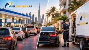 Fuel delivery vs petrol station in Dubai with a black BMW 520d