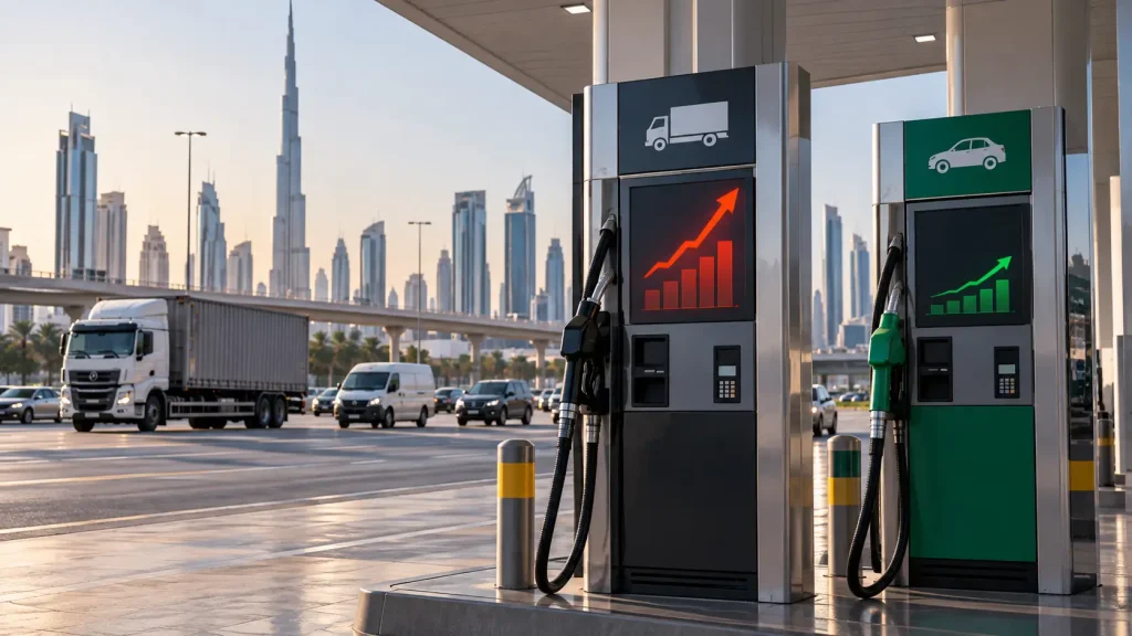 Modern Dubai petrol station showing diesel prices rising faster than petrol, with commercial trucks and the Dubai skyline in the background.