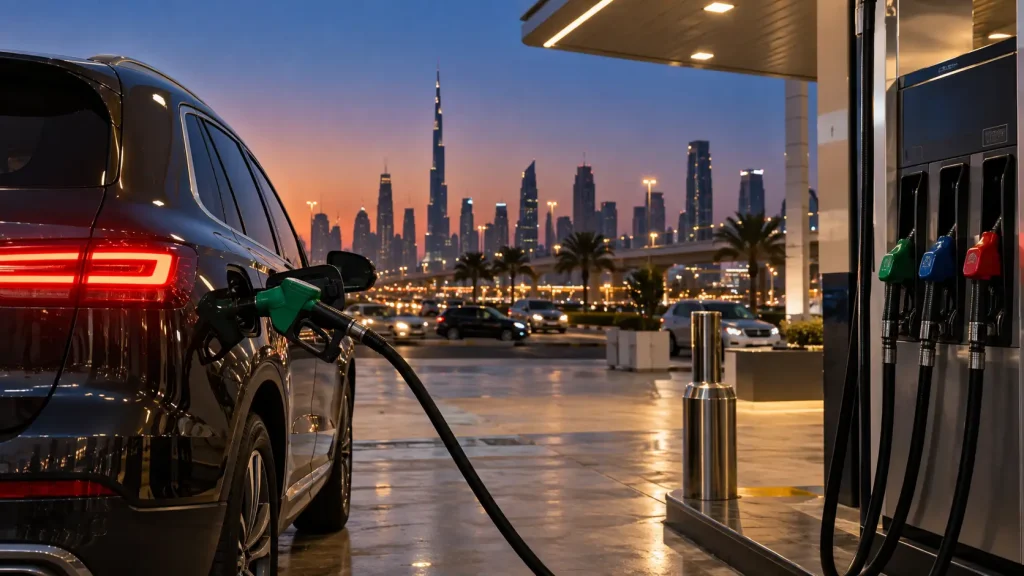 Modern car being refuelled at a petrol station in Dubai as UAE fuel prices increase
