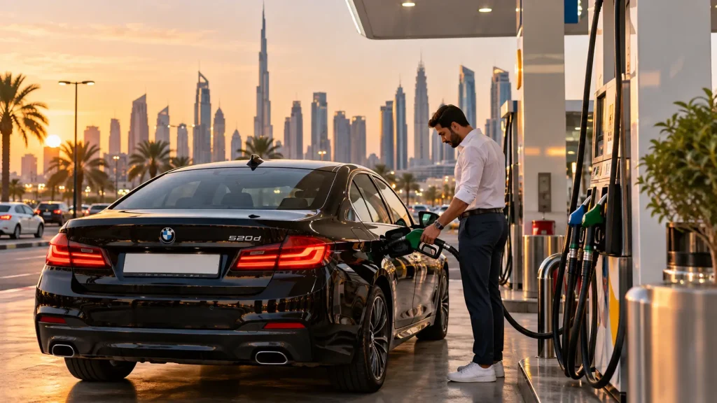 Black BMW 520d making a petrol top-up at a Dubai fuel station