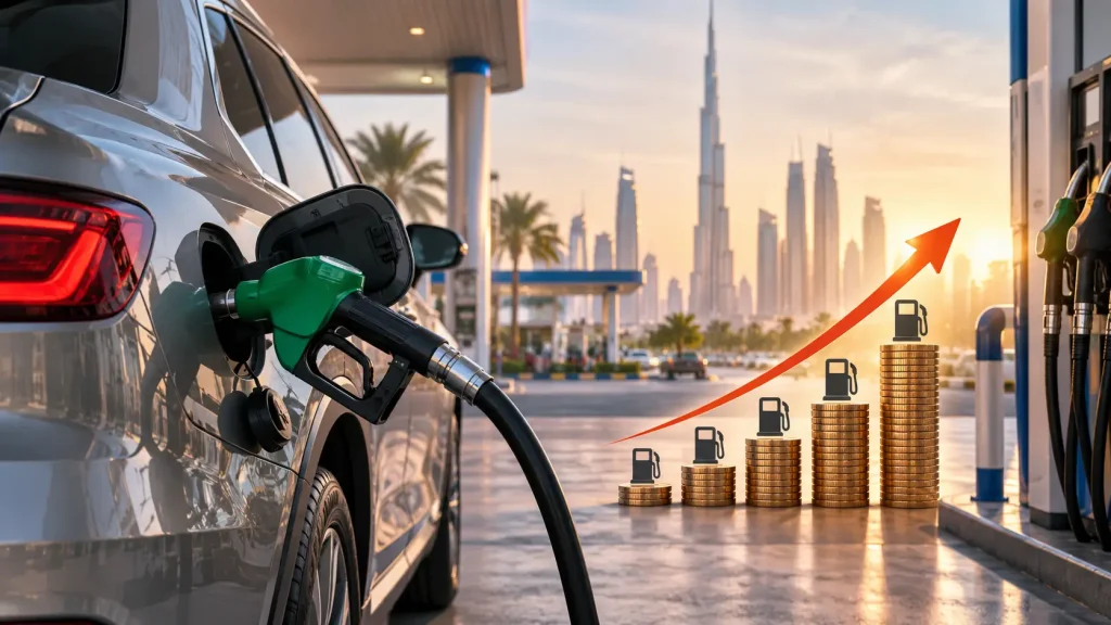 Modern car being refuelled at a petrol station in Dubai as UAE fuel prices increase