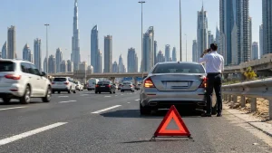 Stalled car with hazard lights on a Dubai highway
